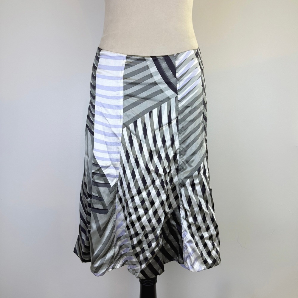 Kenneth Cole NY Patchwork 100% Silk Geometric Stripe Midi Skirt Multicolor Sz 0